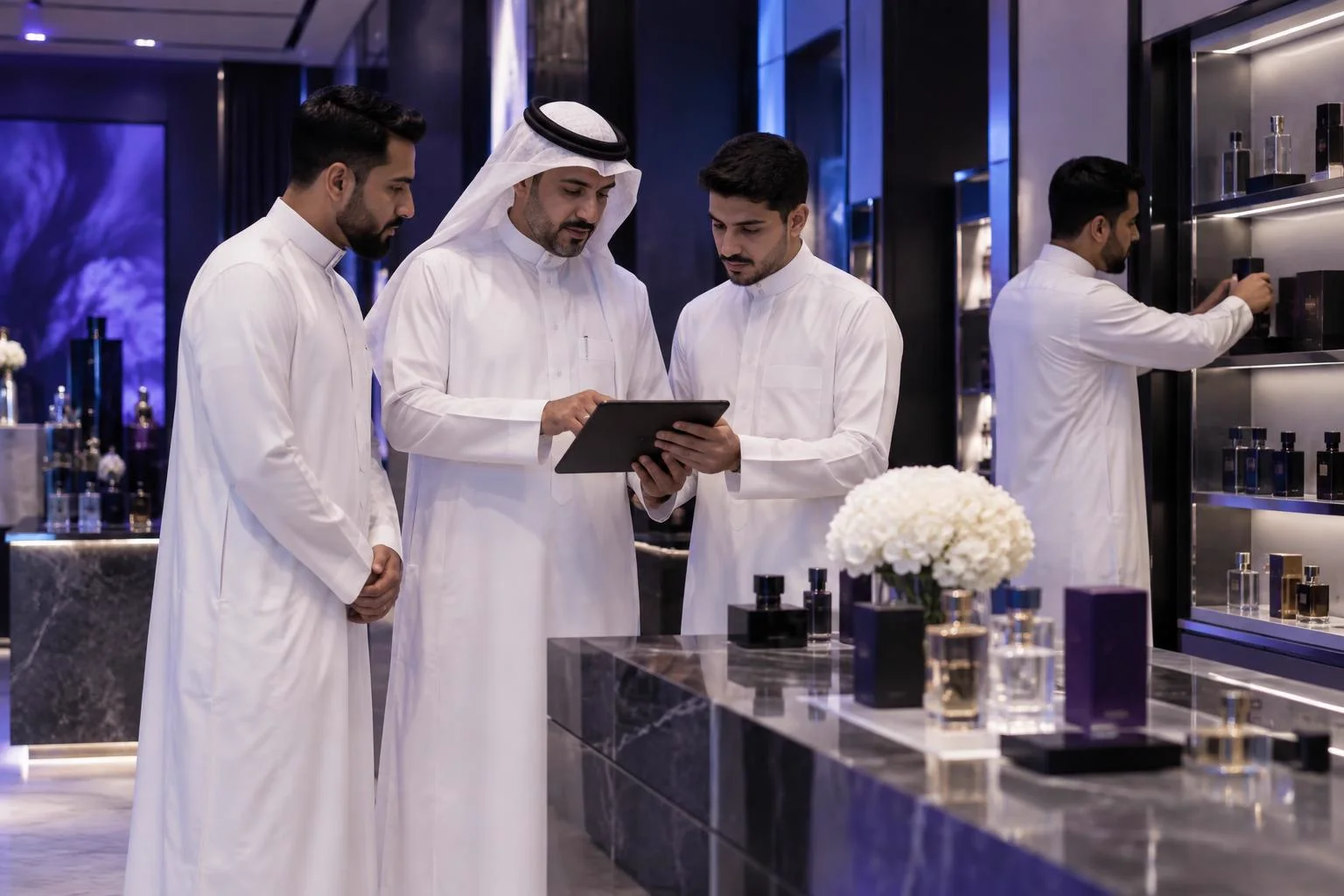 مدير سعودي مع فريق متجر عطور رجالي يستعد لإطلاق منتج جديد غدًا: موظفون يرتّبون عرض العطور ومدير يراجع المتطلبات على جهاز لوحي مع أحد أعضاء الفريق